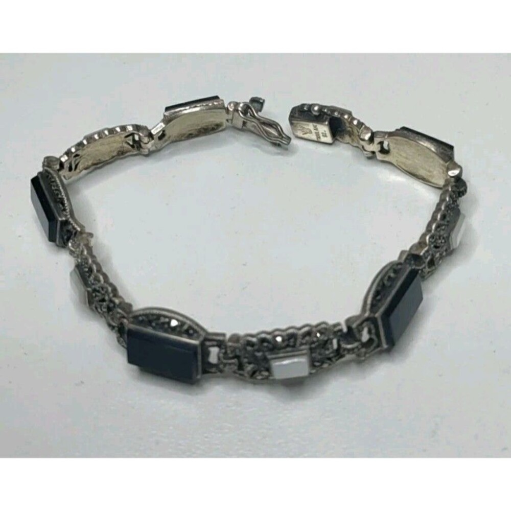 Vintage Sterling Silver Marcasite Black Onyx & MOP Link Bracelet 7.25”